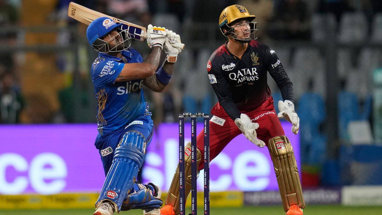 Suryakumar Yadav scored 83 runs off 35 balls as Mumbai Indians beat Royal Challengers Bangalore by six wickets on May 9 to enter the top four spots in the Indian Premier League. (Image: AP)