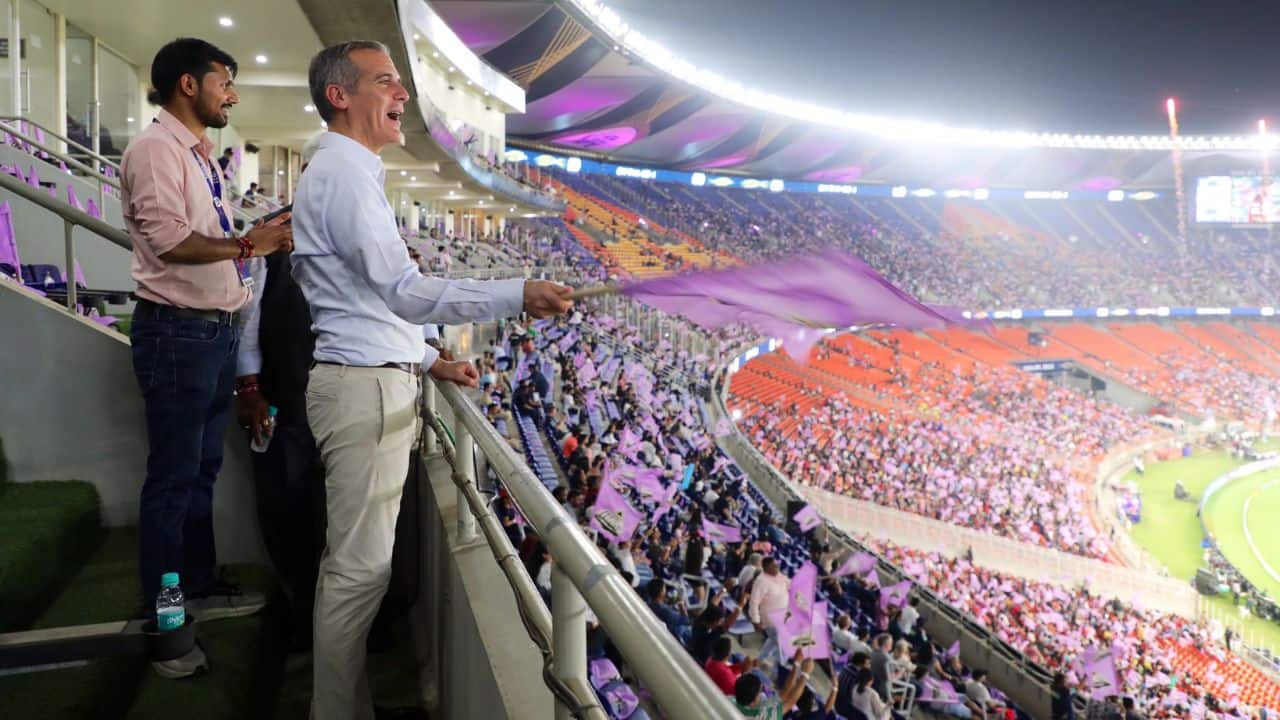 Garcetti was seen enjoying IPL match between Gujarat Titans and Sunrisers Hyderabad in Ahmedabad on May 15. Defending champion Gujarat confirmed a playoff spot and was assured of a top-two finish after the regular season. Top two offers a shorter route to the final. Meanwhile, Hyderabad was knocked out of the playoffs race. (Image: Twitter @USAmbIndia)