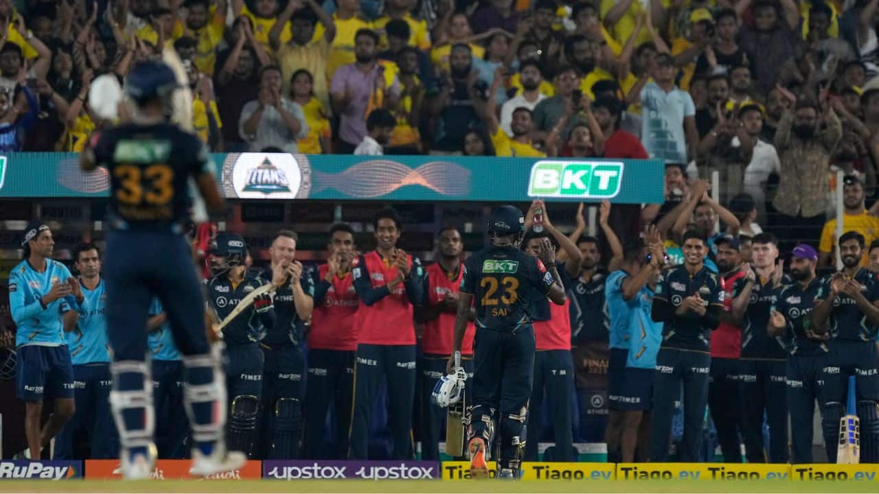 Sudharsan shared two half-century stands; 64 with Saha and 81 off 33 with Titans captain Hardik Pandya. Sudharsan smashed eight boundaries and six sixes and dominated the late overs. He was in sight of a deserving century in the last over until pacer Matheesha Pathirana pinned him with a superb yorker. (Image: AP) Sudharsan shared two half-century stands; 64 with Saha and 81 off 33 with Titans captain Hardik Pandya. Sudharsan smashed eight boundaries and six sixes and dominated the late overs. He was in sight of a deserving century in the last over until pacer Matheesha Pathirana pinned him with a superb yorker. (Image: AP)