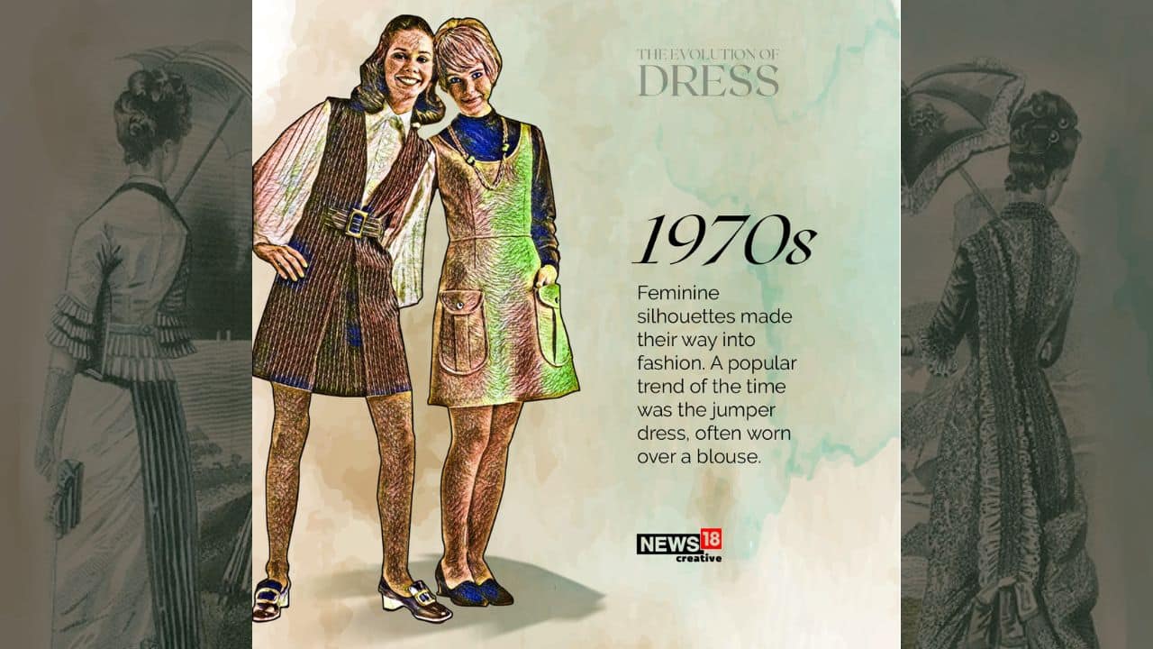 Feminine silhouettes made their way into fashion in ‘70s. A popular trend of the time was the jumper dress, often worn over a blouse. (Image: News18 Creative) Feminine silhouettes made their way into fashion in ‘70s. A popular trend of the time was the jumper dress, often worn over a blouse. (Image: News18 Creative)