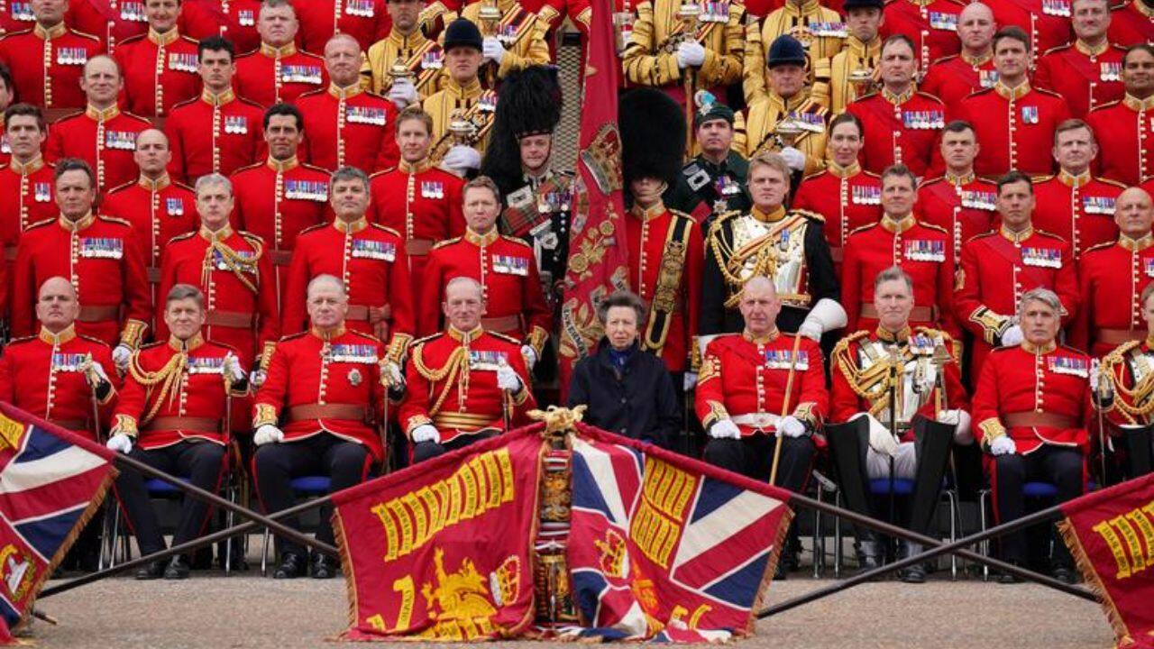 Britain's Anne, Princess Royal, as Colonel of The Blues and Royals (Royal Horse Guards and 1st Dragoons), sits for a group photo with Officers and senior Non-Commissioned Officers of The Household Division during her visit to Wellington Barracks, central London, ahead of the coronation, in London, Britain May 3. (Image: Reuters)
