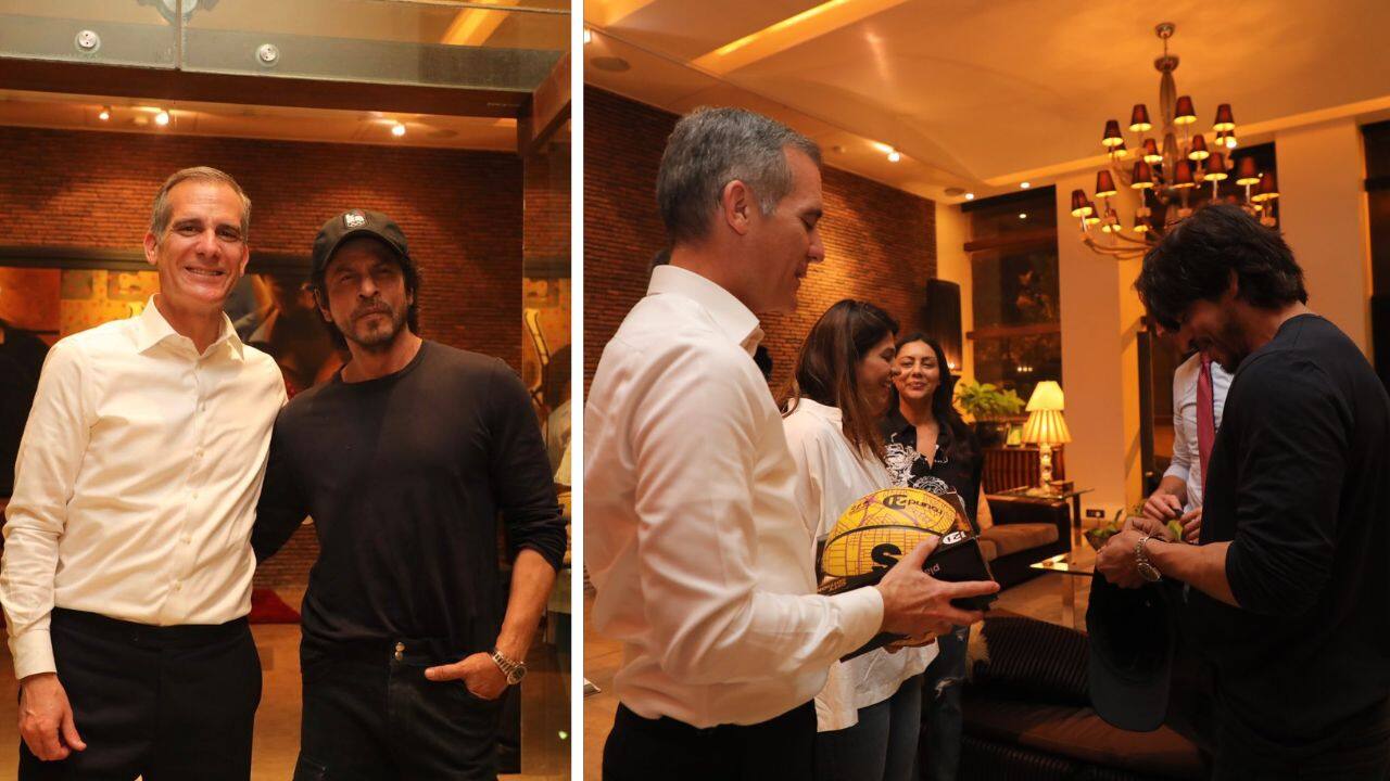 Eric Garcetti on May 16 met Bollywood actor Shah Rukh Khan at the actor's residence 'Mannat' in Mumbai, and discussed Hindi cinema and its huge cultural impact across the globe. Garcetti took to Twitter to share about his visit to King Khan's mansion. (Image: Twitter @USAmbIndia)