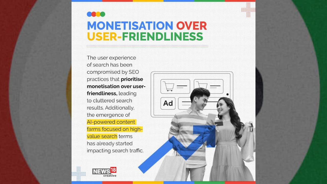 The user experience of search has been compromised by SEO practices that prioritise monetisation over user-friendliness, leading to cluttered search results. (Image: News18 Creative)