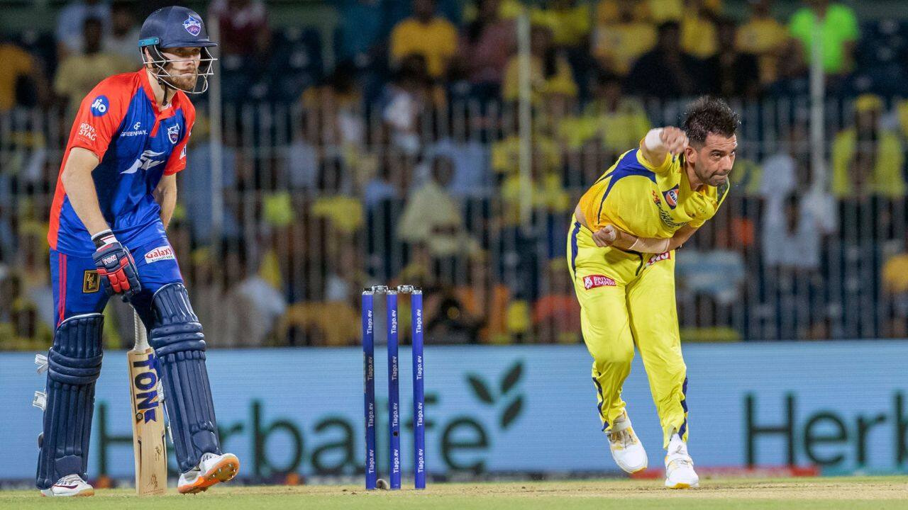 Chahar struck again in the powerplay when Phil Salt (17) top-edged at mid-on and Mitchell Marsh (5) got run-out in a mixup with impact player Manish Pandey as Delhi slipped to 25-3 in the fourth over. (Image: AP)