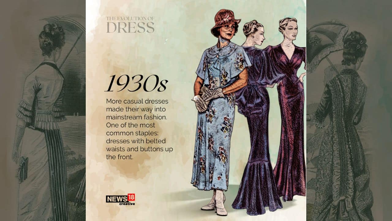 More casual dresses made their way into mainstream fashion in 1930s. one of the most common staples: dresses with belted waists and buttons up the front. (Image: News18 Creative) More casual dresses made their way into mainstream fashion in 1930s. one of the most common staples: dresses with belted waists and buttons up the front. (Image: News18 Creative)