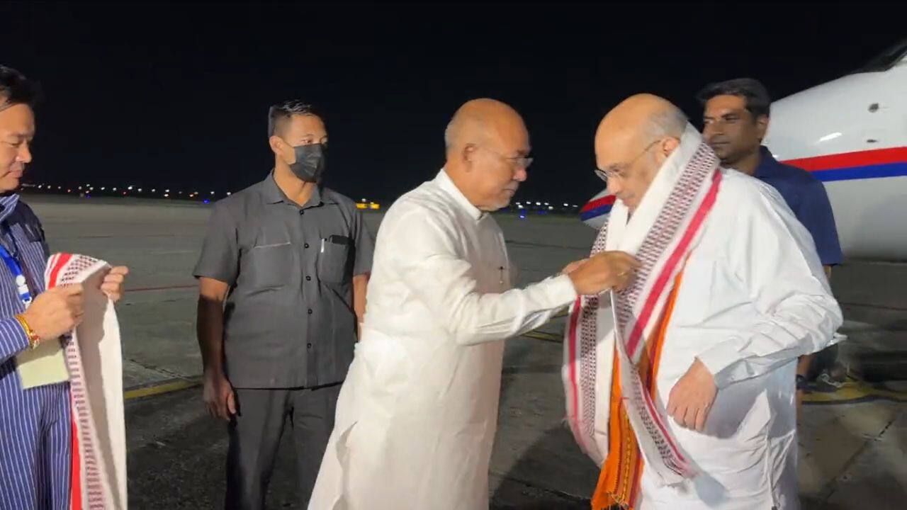 Shah arrived in Imphal on May 29 for a four-day-long visit to the state, which has seen violence between ethnic communities and was received by Chief Minister N Biren Singh and other leaders. During his stay in Manipur till June 1, Shah will hold several rounds of security meetings. (Image: Twitter @AmitShah) Shah arrived in Imphal on May 29 for a four-day-long visit to the state, which has seen violence between ethnic communities and was received by Chief Minister N Biren Singh and other leaders. During his stay in Manipur till June 1, Shah will hold several rounds of security meetings. (Image: Twitter @AmitShah)