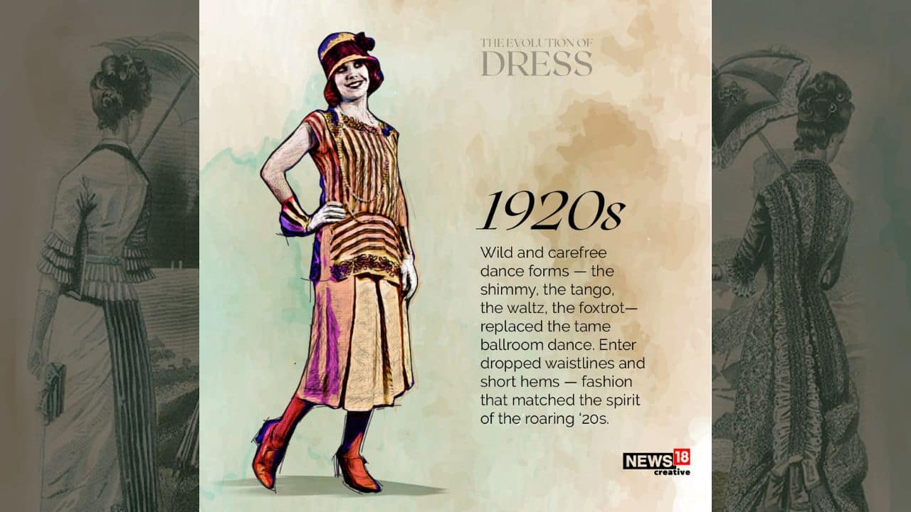 Wild and carefree dance forms – the shimmy, the tango, the waltz, the foxtrot – replaced the tame ballroom dance. Enter dropped waistlines and short hems – fashion that matched the spirit of the roaring ‘20s. (Image: News18 Creative) Wild and carefree dance forms – the shimmy, the tango, the waltz, the foxtrot – replaced the tame ballroom dance. Enter dropped waistlines and short hems – fashion that matched the spirit of the roaring ‘20s. (Image: News18 Creative)