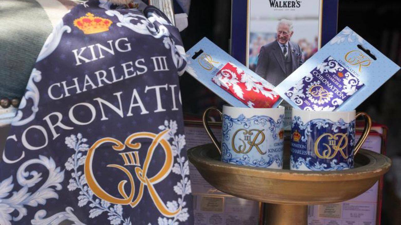 A view of souvenirs designed for the Coronation of Britain's King Charles in Windsor, Britain, April 29. (Image: Reuters)
