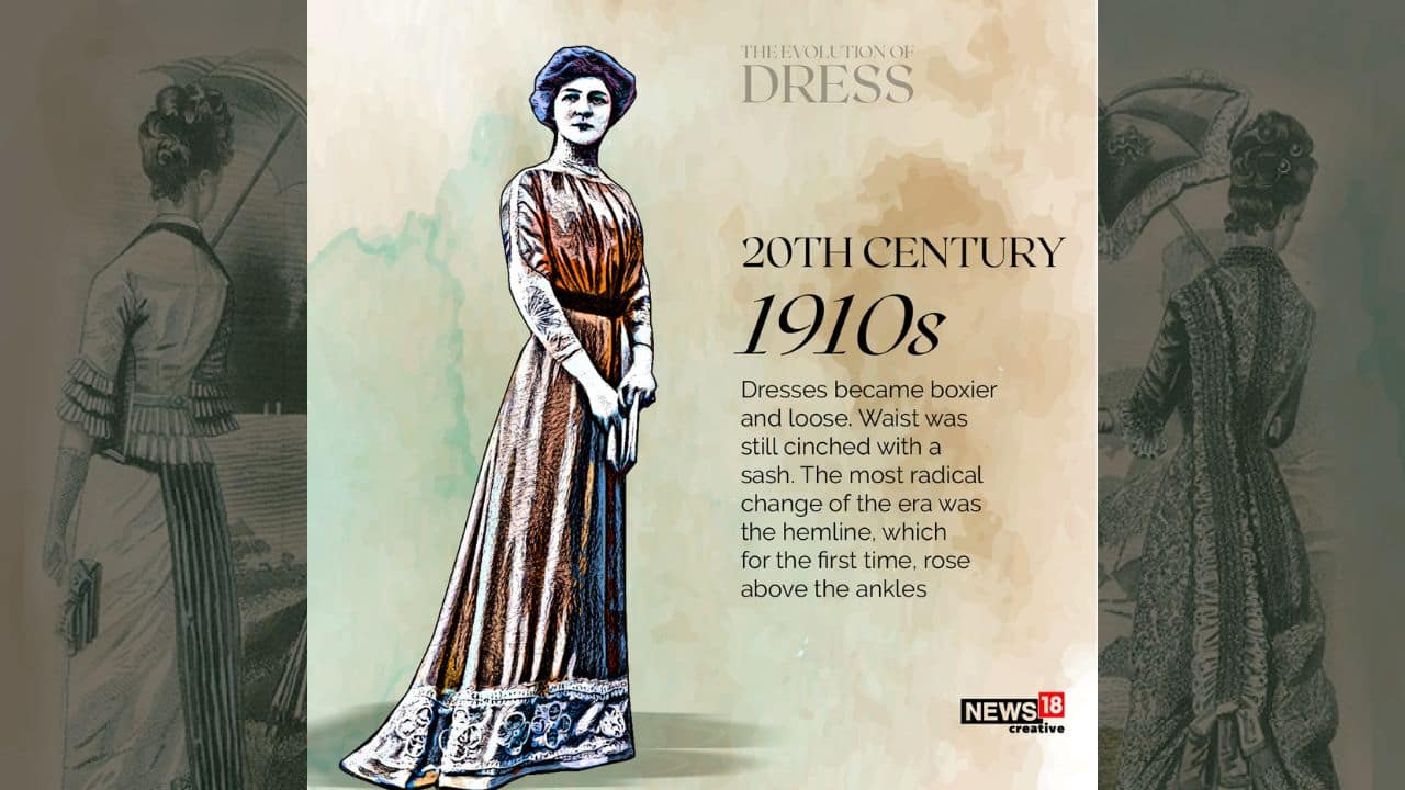 Dresses became boxier and loose in 20th century. Waist was still cinched with a sash. The most radical change of the era was the hemline, which for the first time, rose above the ankles. (Image: News18 Creative) Dresses became boxier and loose in 20th century. Waist was still cinched with a sash. The most radical change of the era was the hemline, which for the first time, rose above the ankles. (Image: News18 Creative)