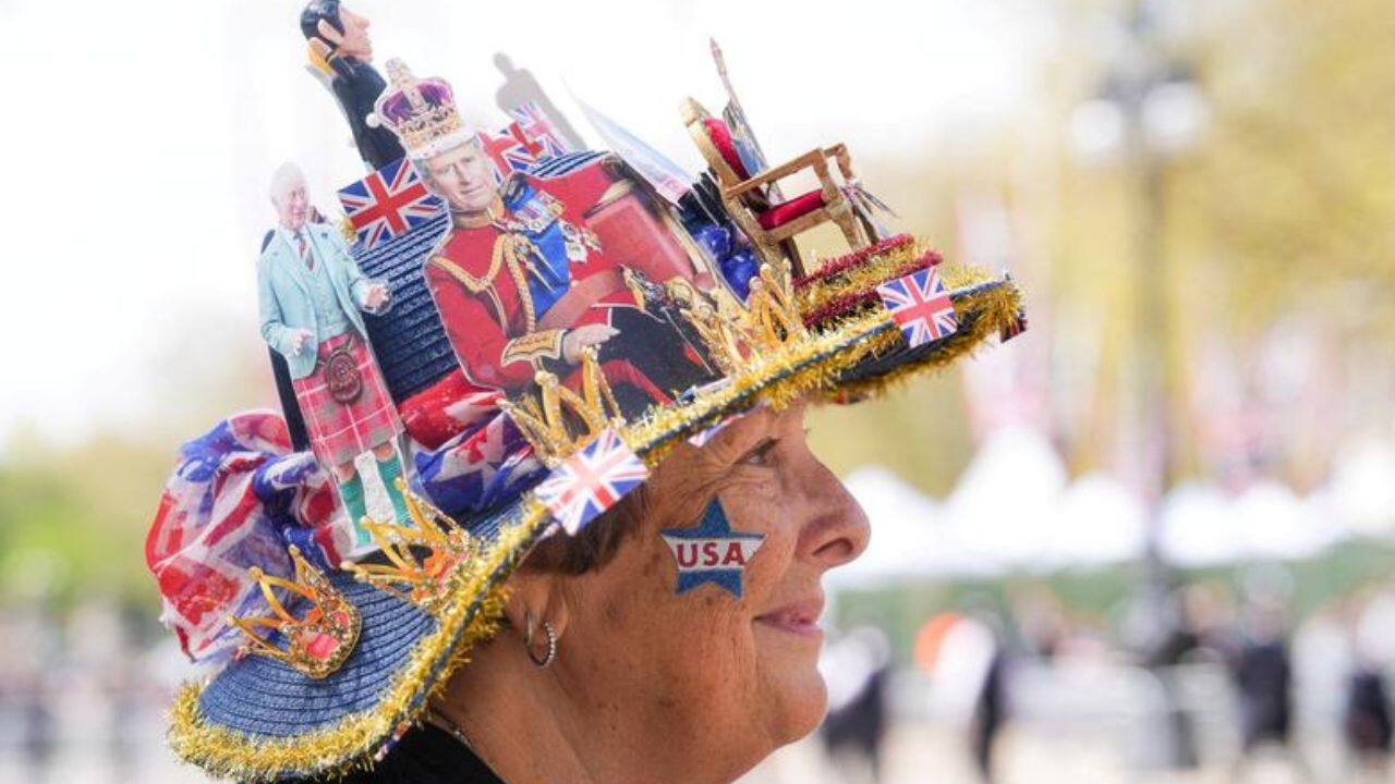 Royal super fan Donna Werner from the U.S. shows her celebratory handmade royal hat ahead of the Coronation of King Charles, in London, Britain, May 2. (Image: Reuters)