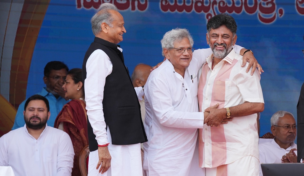 Bihar Chief Minister and Janata Dal (United) leader Nitish Kumar (extreme right), who has been advocating for a united Opposition ahead of the 2024 general elections, was among the guests invited at the swearing-in ceremony. His deputy and Rashtriya Janata Dal (RJD)'s de-facto leader Tejashwi Yadav (extreme left) also attended the event. In the centre, Shivakumar is being greeted by Rajasthan CM and Congress veteran Ashok Gehlot, along with Communist Party of India (Marxist) general secretary Sitaram Yechury. (PTI photo)