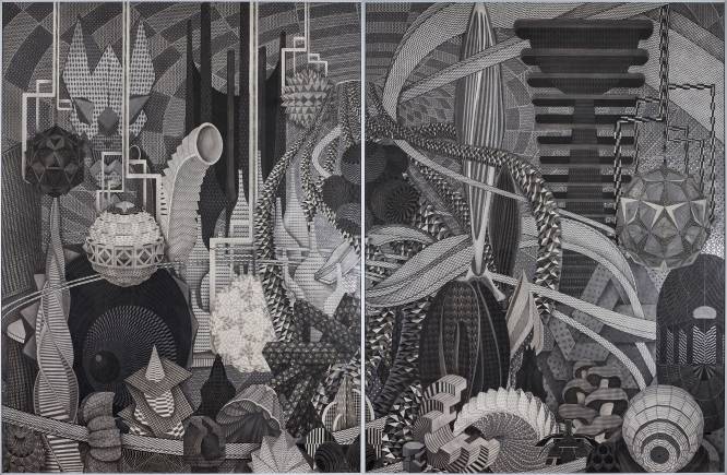 Bhagyashree Suthar's Untitled, pen, ink, charcoal, graphite, and silver foil on paper, 72.25 x 55 inches (each panel), 2023.