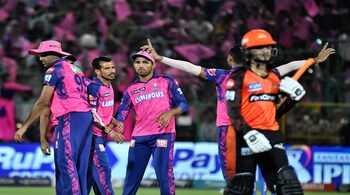 Rajasthan Royals bowler Yuzvendra Chahal celebrates with teammates after the wicket of Sunrisers Hyderabad batter Anmolpreet Singh (PTI Photo)