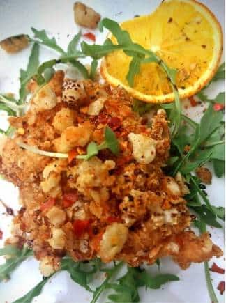 Foxnut Crusted Crisp Indian Salmon, Summer Citrus Vinaigrette and Greens Salad