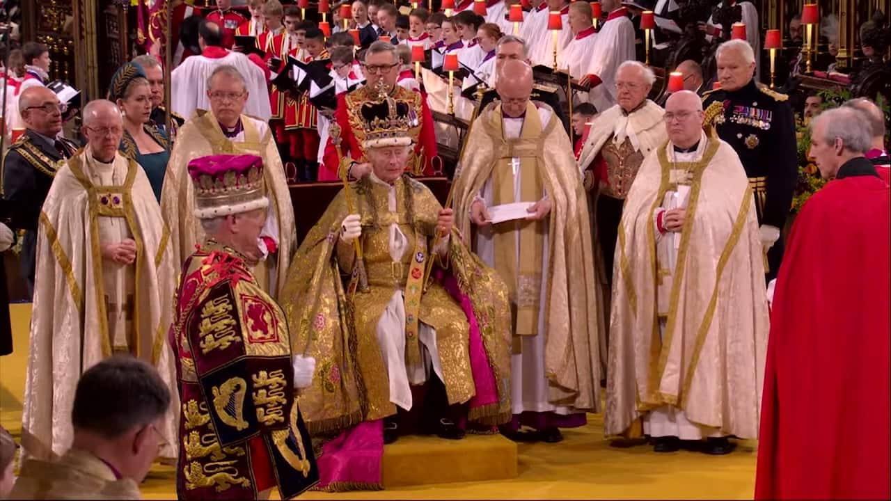 The King is dressed in symbolic ‘vestments’, and presented with items of Regalia, each a visible reminder of his role and his responsibility to God. (Reuters)