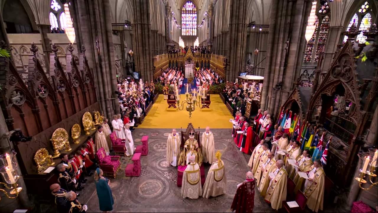 The clergy, congregation and choir all cried ‘God Save The King’ as the Archbishop of Canterbury placed St Edward’s Crown on The King’s anointed head. (Reuters)