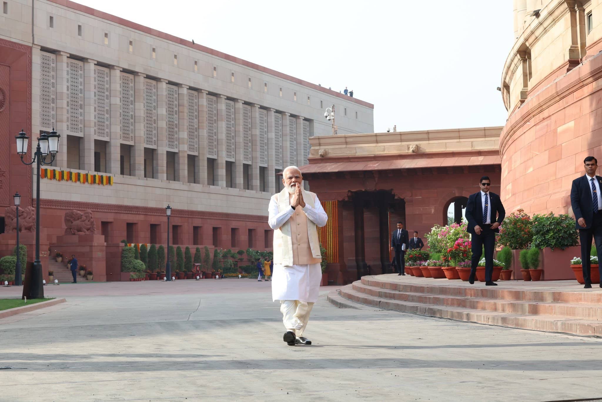 Spread over four floors with a distinct triangular shaped design, the new Parliament building has an area of more than 64,500 square meters. The building has three primary gates - Gyan Dwar, Shakti Dwar, and the Karma Dwar. Image: ANI