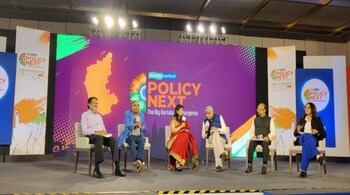 From left: Aarin Capital chairman Mohandas Pai, equs' chairman and CEO Aravind Melligeri, Moneycontrol start-up and tech editor Chandra Srikanth, Congress spokesperson Rajeev Gowda, Federation of Karnataka Chambers of Commerce & Industry (FKCCI) president B V Gopal Reddy and TeamLease co-founder Rituparna Chakraborty at Moneycontrol Policy Next Karnataka summit held in Bengaluru on May 5