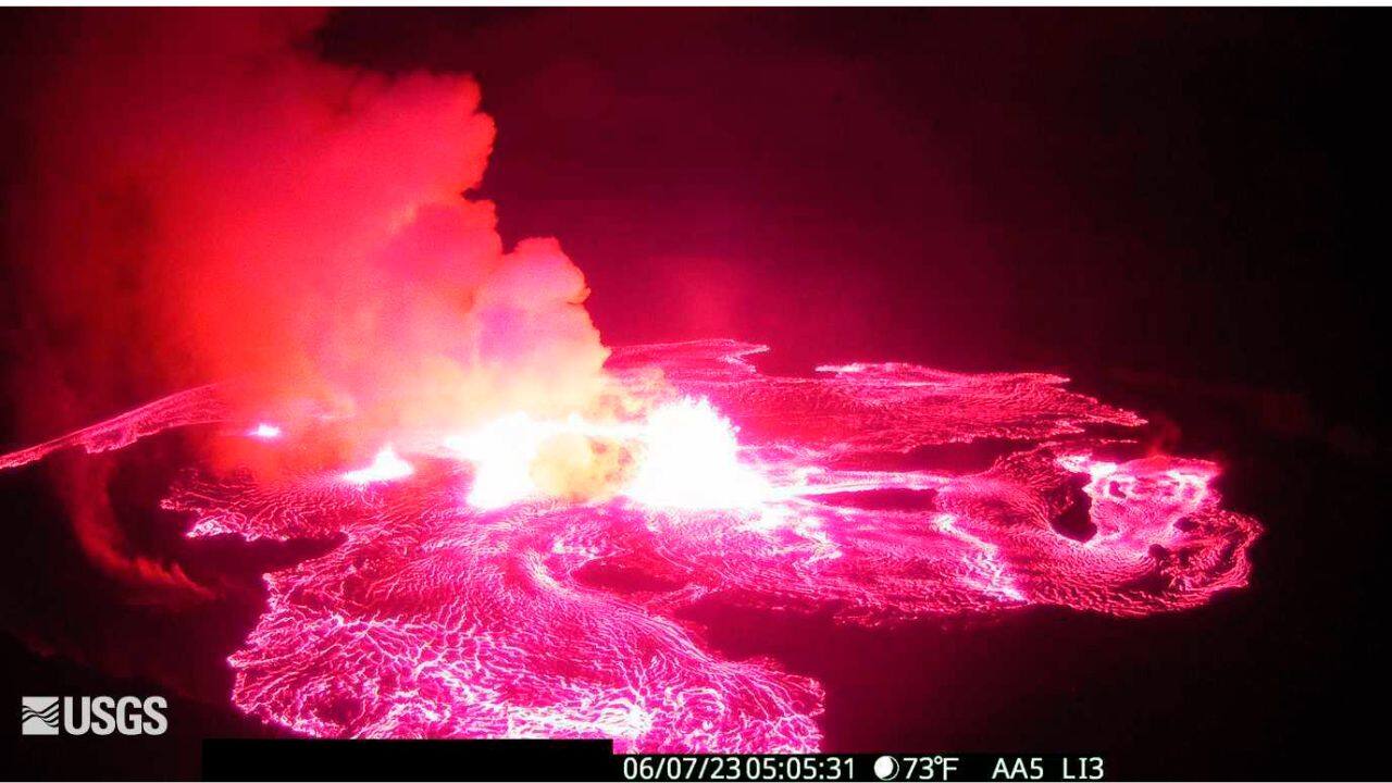 Fountain heights decreased to 13 feet to 30 feet (4 meters to 9 meters) in the afternoon, according to the observatory. The red bursts could be seen on the USGS livestream Wednesday afternoon. The volcano’s alert level was raised to warning status and the aviation color code went to red as scientists evaluate the eruption and associated hazards. (Image: US Geological Survey via AP)
