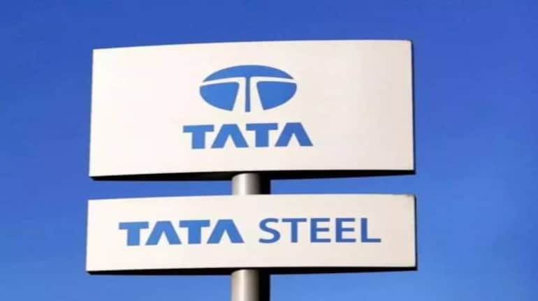 In this photo illustration, the Tata Steel logo is displayed on a