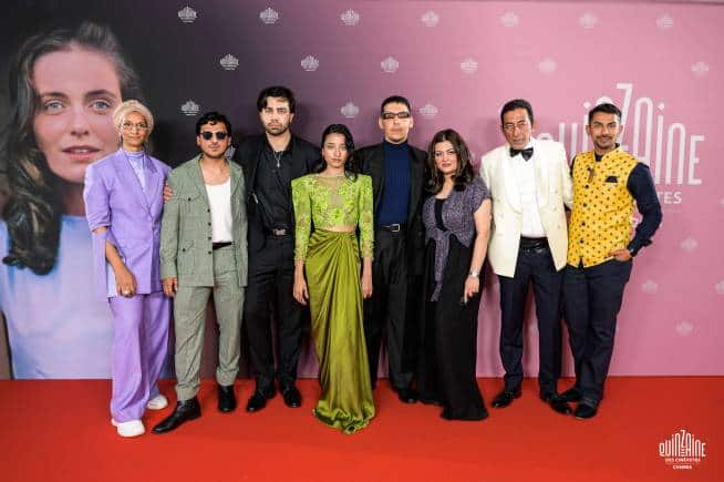 In Flames' cast and crew at Festival de Cannes last month: (From left) co-producer Anam Abbas, actors Mohammad Ali Hashmi, Omar Javaid, Ramesha Nawal, Pakistani-Canadian director Zarrar Kahn, actors Bakhtawar Mazhar, Adnan Shah Tipu, Indian-Canadian co-producer Shant Joshi of Fae Pictures. (Photo: Delphine Pincet)