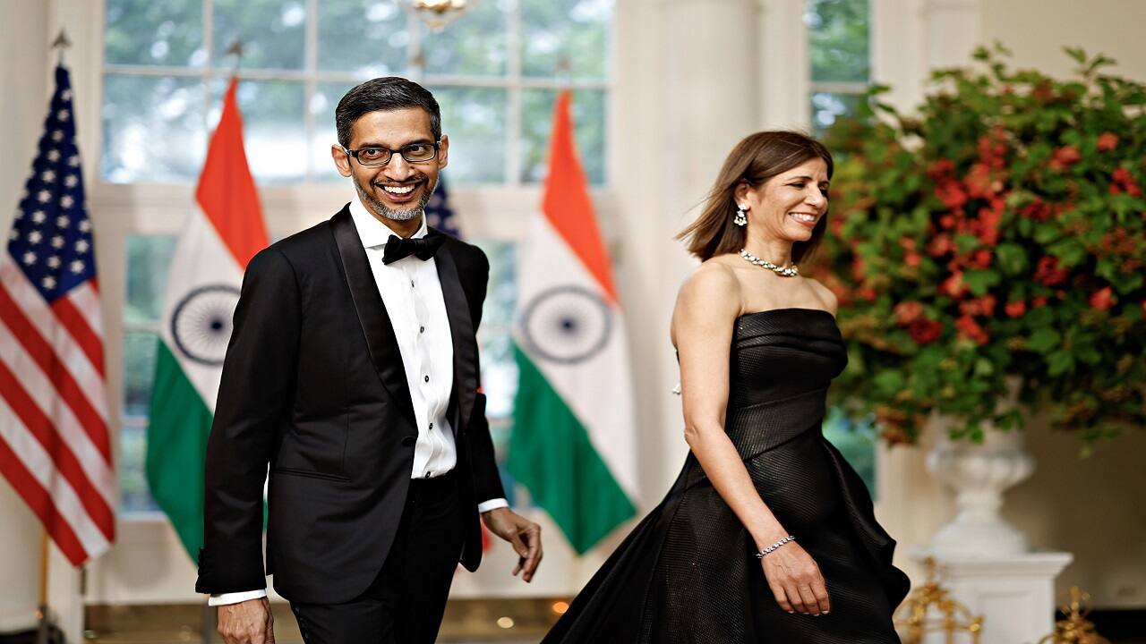 Sundar Pichai and Anjali Pichai arrive to the state dinner on Thursday. Photographer: Ting Shen/Bloomberg