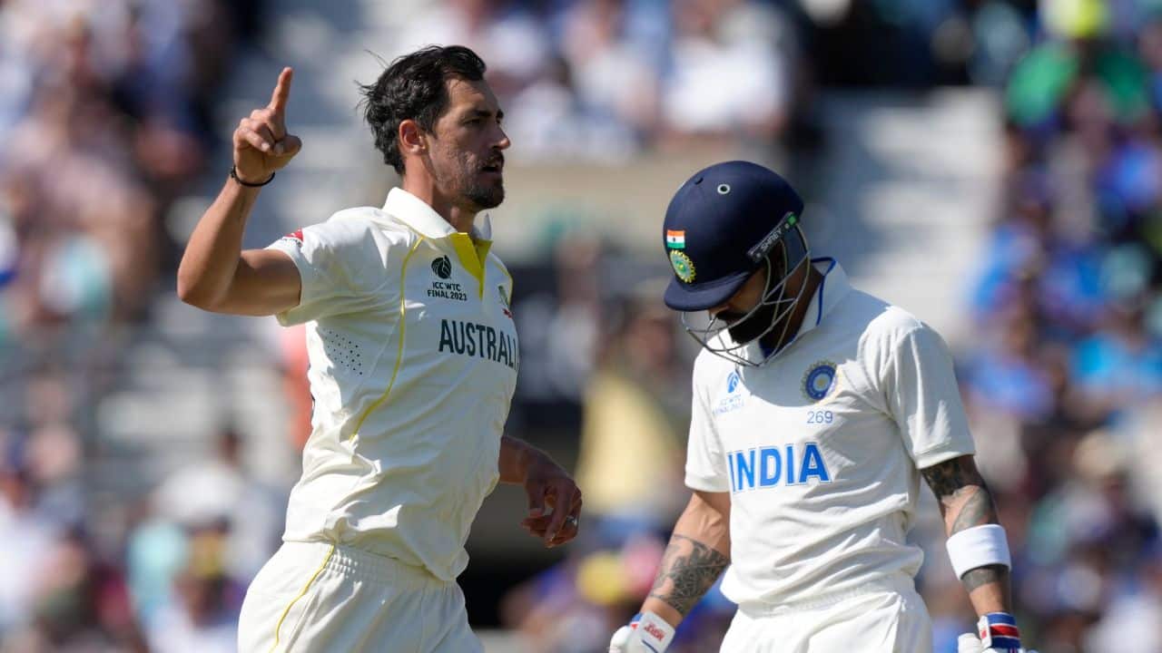 Australia tore out Virat Kohli and India's top order cheaply after finishing on 469 on day two of the World Test Championship final at the Oval on June 8. India was 151-5 at stumps, trailing by 318 runs. For the first time in test history, none of the India top four scored more than 15 runs. (Image: AP)