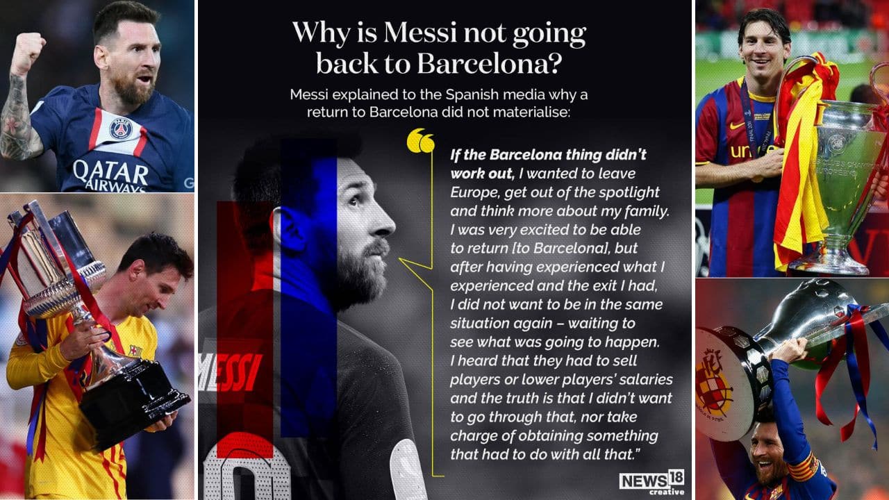 Messi told Spanish newspapers that he would have loved to return to Barcelona but was afraid that the financial complications which stopped the Catalan club extending his deal in 2021 would interfere again. (Image: News18 Creative) Messi told Spanish newspapers that he would have loved to return to Barcelona but was afraid that the financial complications which stopped the Catalan club extending his deal in 2021 would interfere again. (Image: News18 Creative)