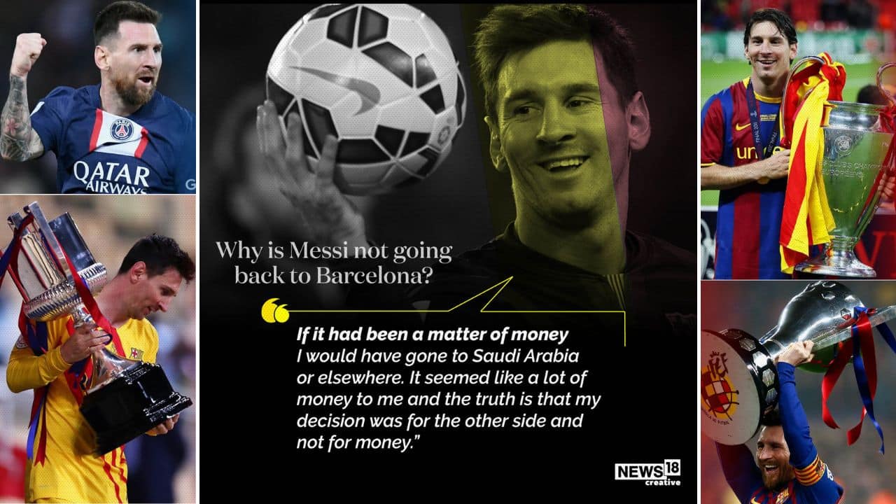 The romance of a Barcelona return and prospect of eye-watering riches in Saudi Arabia fell by the wayside as Messi opted to join MLS, with Miami a city he has holidayed in on previous occasions. (Image: News18 Creative) (With inputs from AFP) The romance of a Barcelona return and prospect of eye-watering riches in Saudi Arabia fell by the wayside as Messi opted to join MLS, with Miami a city he has holidayed in on previous occasions. (Image: News18 Creative) (With inputs from AFP)