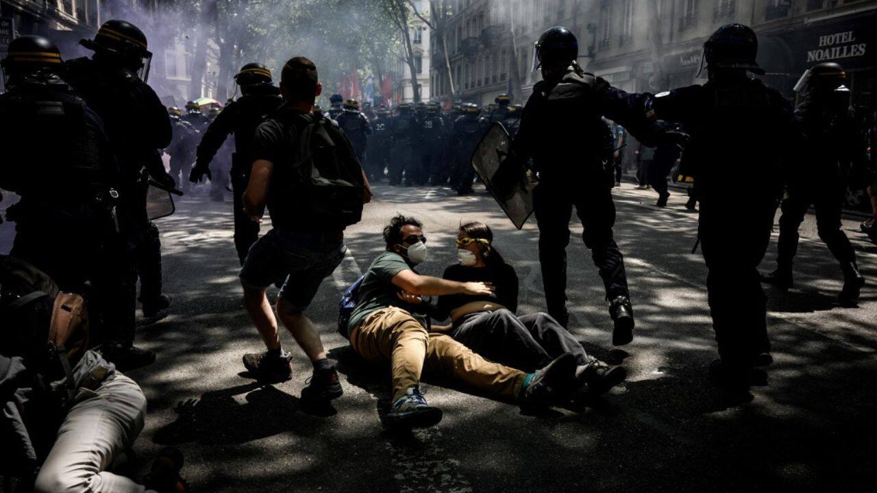 Seeking to show the potential power of union action, around 60 members of the CGT briefly occupied the offices of the organising committee for the 2024 Paris Olympic Games in northern Paris, chanting there would be &quot;no Games&quot; if the law was not pulled. (Source: AFP)