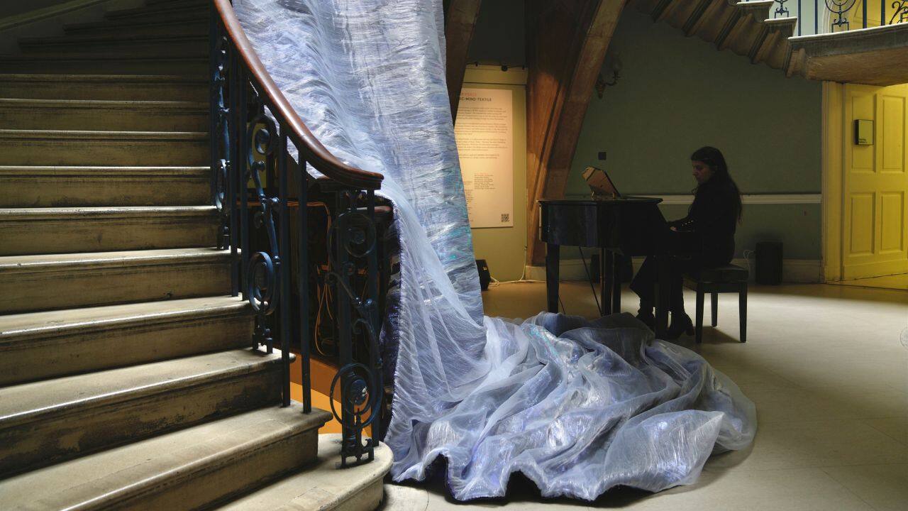 Some of the textile works are also sensory and emit the sounds of birds and running water, reminiscent of rainforests, when touched by visitors. At a different display, scientists and designers of the &quot;Automorph Network&quot; collective have collaborated on an installation that focuses on self-shaping matter, materials that &quot;are no longer passive recipients of design, but active participants in their shaping process&quot;. (Image: AP)