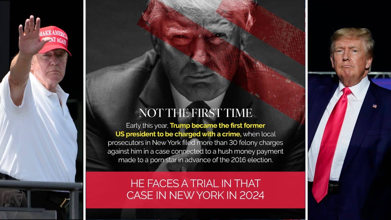 Early this year, Trump became the first former US President to be charged with a crime, when local prosecutors in New York filed more than 30 felony charges against him in a case connected to a hush money payment made to a porn star in advance of the 2016 election. (Image: News18 Creative)