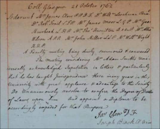 In 1762, the University of Glasgow awarded Adam Smith an honorary Doctorate in Law (Photo courtesy: University of Glasgow, Glasgow)