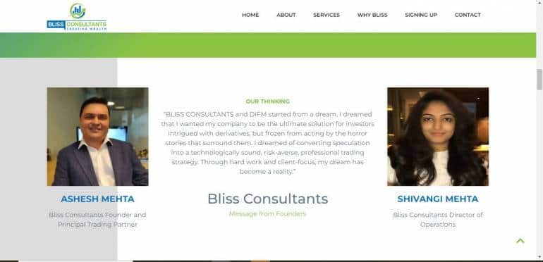 Website of Bliss Consultants that displays its founder and its director of operations.