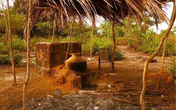 After Urrack is distilled from the cashew apple, the juice is further distilled in a traditional method on a hill to make Feni. The cashew juice is put in a big pot called a Bhann. The Bhann serves as a closed boiler. It is connected to a smaller pot called Launni by means of a conduit. The Launni serves as a receiver or collector. (Photo: Wikimedia Commons)