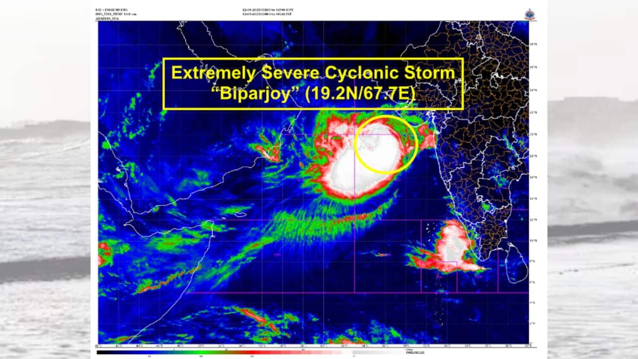 According to the India Meteorological Department Cyclone Biparjoy currently persists over east-central Arabian Sea as an Extremely Severe Cyclonic Storm. The ESCS BIPARJOY at 0530IST on June 12 was located over east-central &amp; adjoining NE Arabian Sea near lat 19.2N &amp; long 67.7E, about 380km SSW of Devbhumi Dwarka. (Image: IMD)