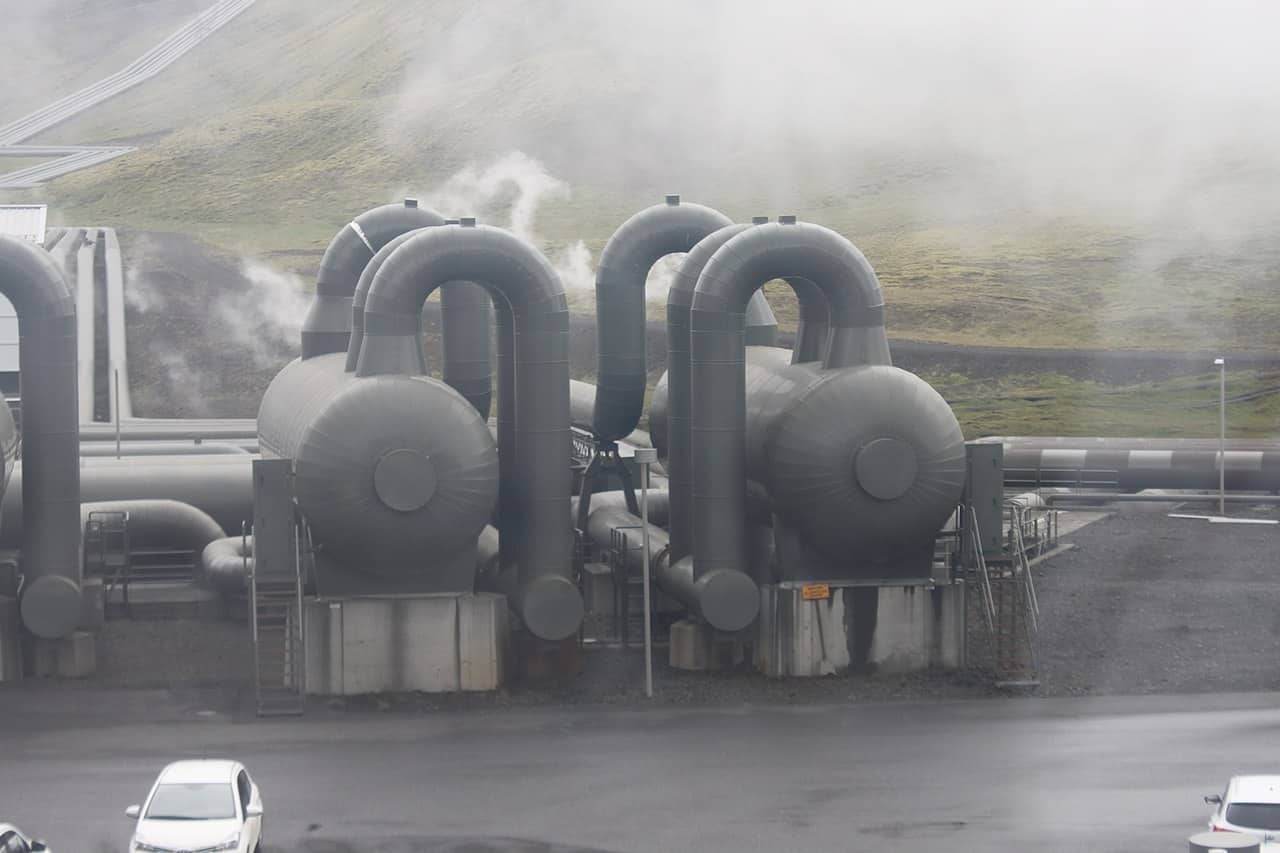 Hellisheiði Power Station in Iceland. Geothermal energy stations are compact, have a low-carbon footprint and use less land per gigawatt hours than coal (3642 sq m), according to the US Department of Energy. (Photo by Kevstan via Wikimedia Commons 4.0)