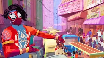 Miles follows Ghost into a portal that lands them in Mumbattan, a place whose Spiderman is called Pavitr Prabhakar (voiced in the Hindi version by cricketer Shubman Gill). (Image via Twitter/DisneyAPromos)