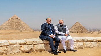 Prime Minister Narendra Modi with Egyptian Prime Minister Mostafa Madbouly during his visit to the Great Pyramid of Giza, Egypt, on June 25 (PTI Photo)