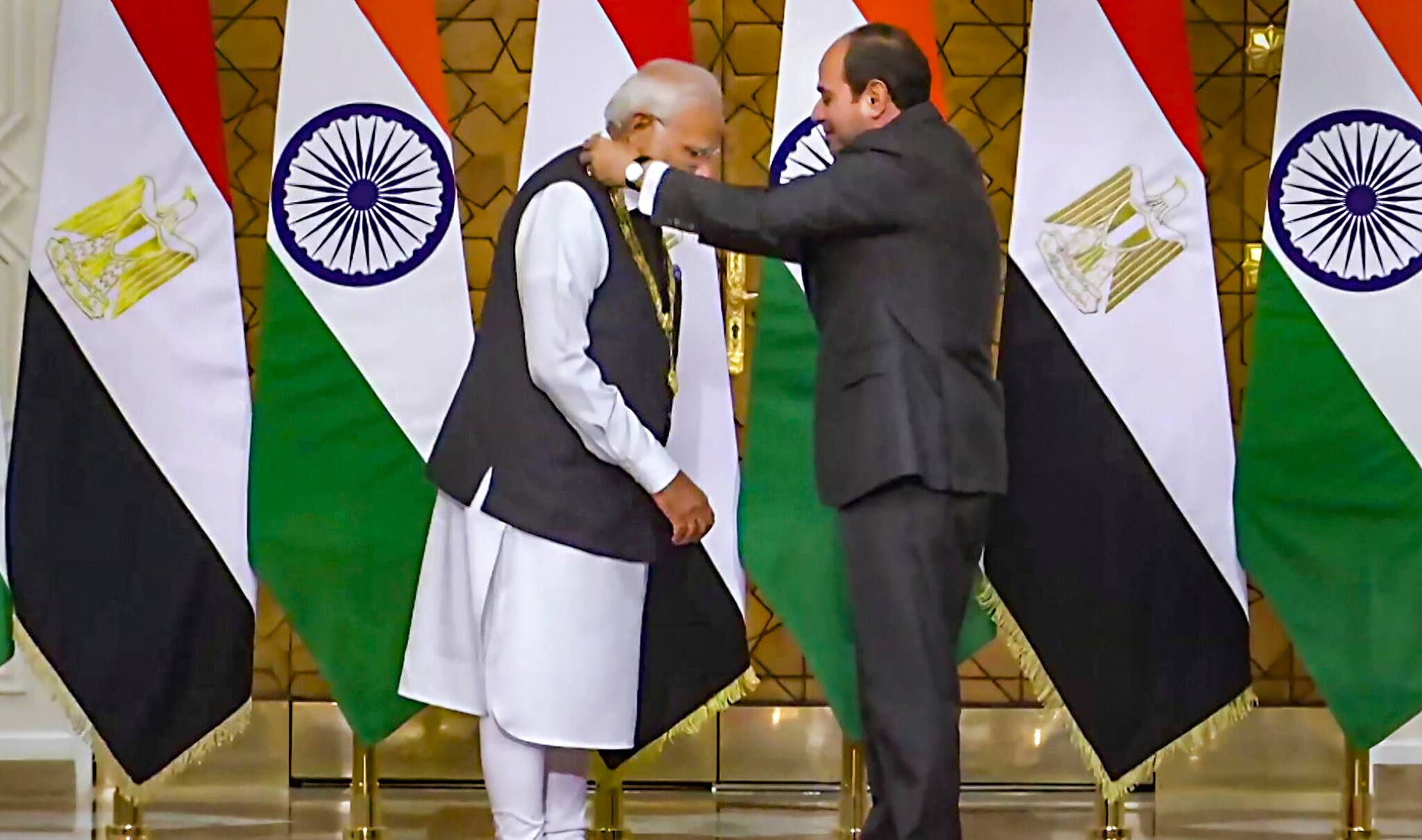  Cairo: Eqyptian President Abdel Fattah El-Sisi confers Prime Minister Narendra Modi with 'Order of the Nile' award - Egypt's highest state honour, during their meeting in Cairo, Egypt, Sunday, June 25, 2023. (PTI Photo) 