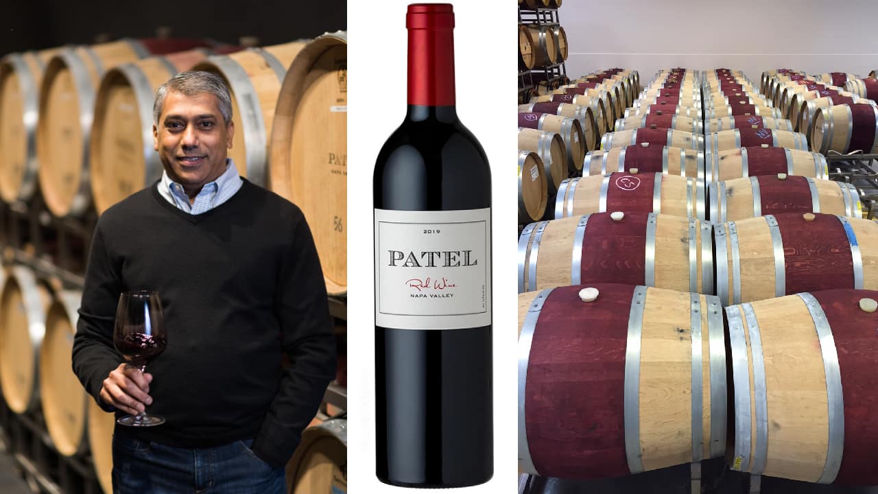 Raj M Patel, Patel Winery's 2019 Red Blend; and wine barrels at Patel Winery in Napa Valley. (All Photos Courtesy of Patel Winery)