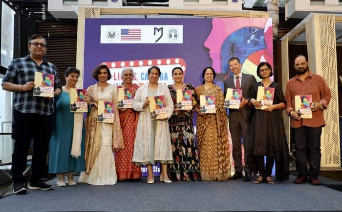At the TISS report launch in Mumbai this week, (from left) Nitin Tej Ahuja, Shilpa Phadke, Sucharita Tyagi, Prof. Lakshmi Lingam, Guneet Monga Kapoor, Vidya Balan, Prof. Shalini Bharat, consul general Mike Hankey, Nandita Das, BN Tew.