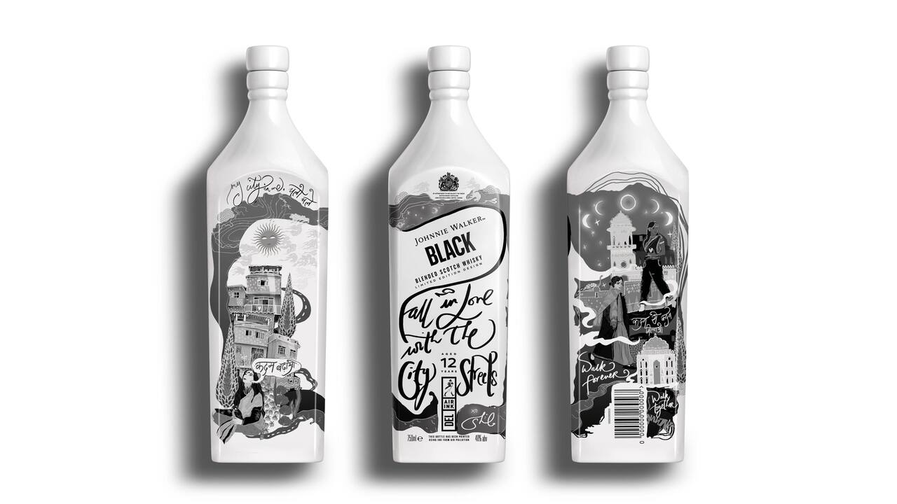 Delhi painted on Johnnie Walker bottles with pollution ink by artist Shilo Shiv Suleman