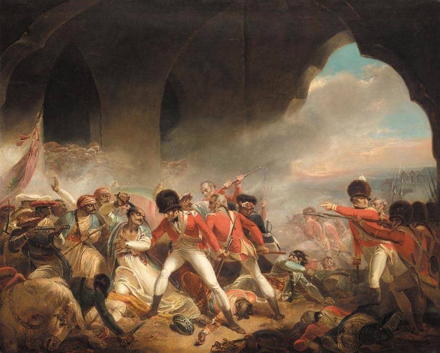 There was much celebration in the ranks of the East India Company after the storming of so-called Seringapatam and Tipu Sultan's subsequent death. (Painting by Henry Singleton via Wikimedia Commons)