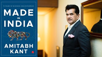 The cover of Made in India: 75 Years of Business and Enterprise; and G20 Sherpa and author Amitabh Kant.
