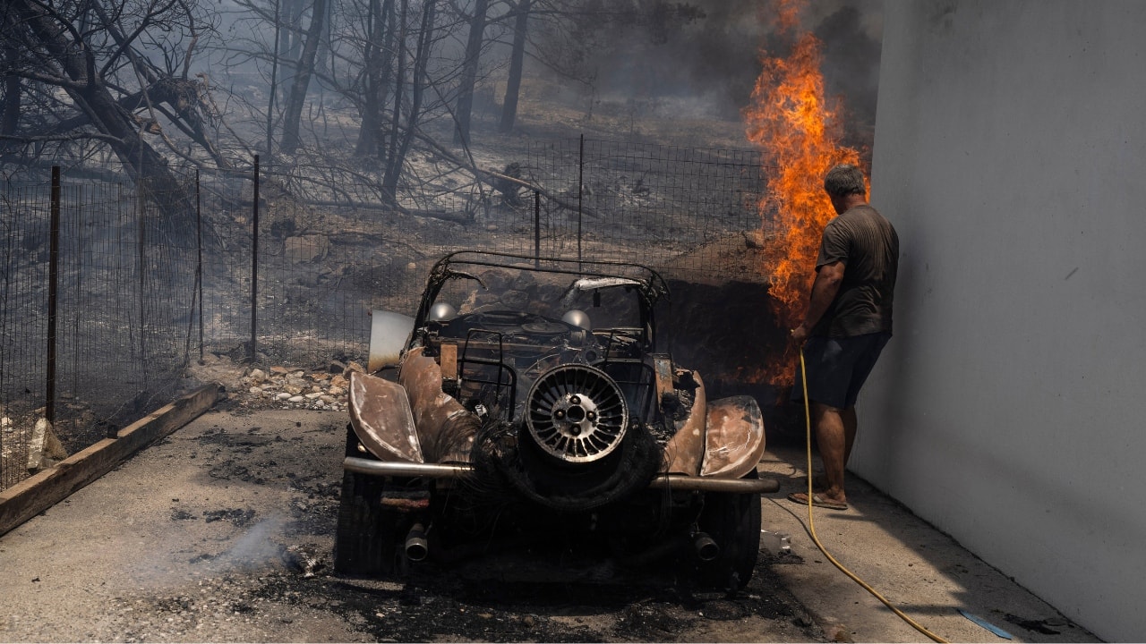 In Greece, an average of 50 new wildfires have broken out daily for the past 12 days, according to government spokesperson Pavlos Marinakis. On July 23, 64 new blazes were recorded. The Rhodes fire roared down mountain slopes, burning homes and cars and leaving livestock dead on the roadside as they tried to escape. (Source: AP)