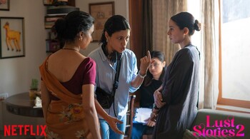 Amruta Subhash, Konkona Sen Sharma and Tilottama Shome on the sets of Lust Stories 2, an anthology film on Netflix. (Photo via Instagram/Konkona)