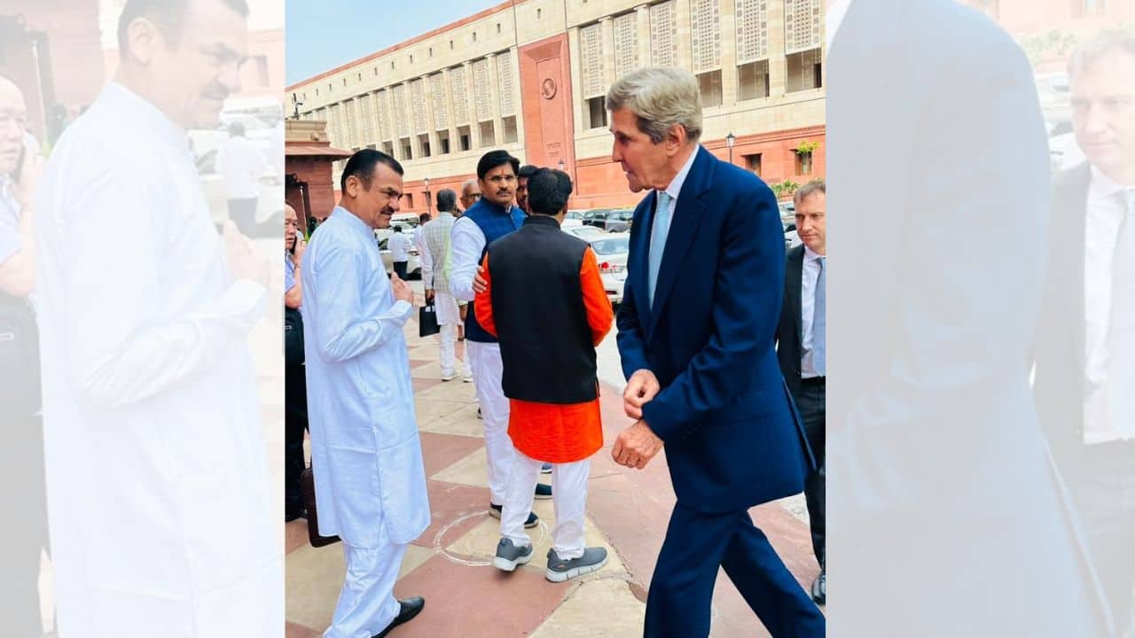 ohn Kerry, United States Special Presidential Envoy for Climate, arrives in Parliament in Delhi He is on a visit to India till 29th July to talk about climate and clean energy and mutual efforts to build a platform for investments in renewable energy. (Source: ANI)
