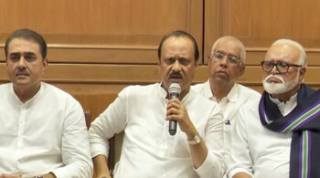 Maharashtra Deputy CM Ajit Pawar with state cabinet minister Chhagan Bhujbal and Nationalist Congress Party (NCP) leader Praful Patel during a press conference, in Mumbai, on July 2, 2023. (PTI Photo)