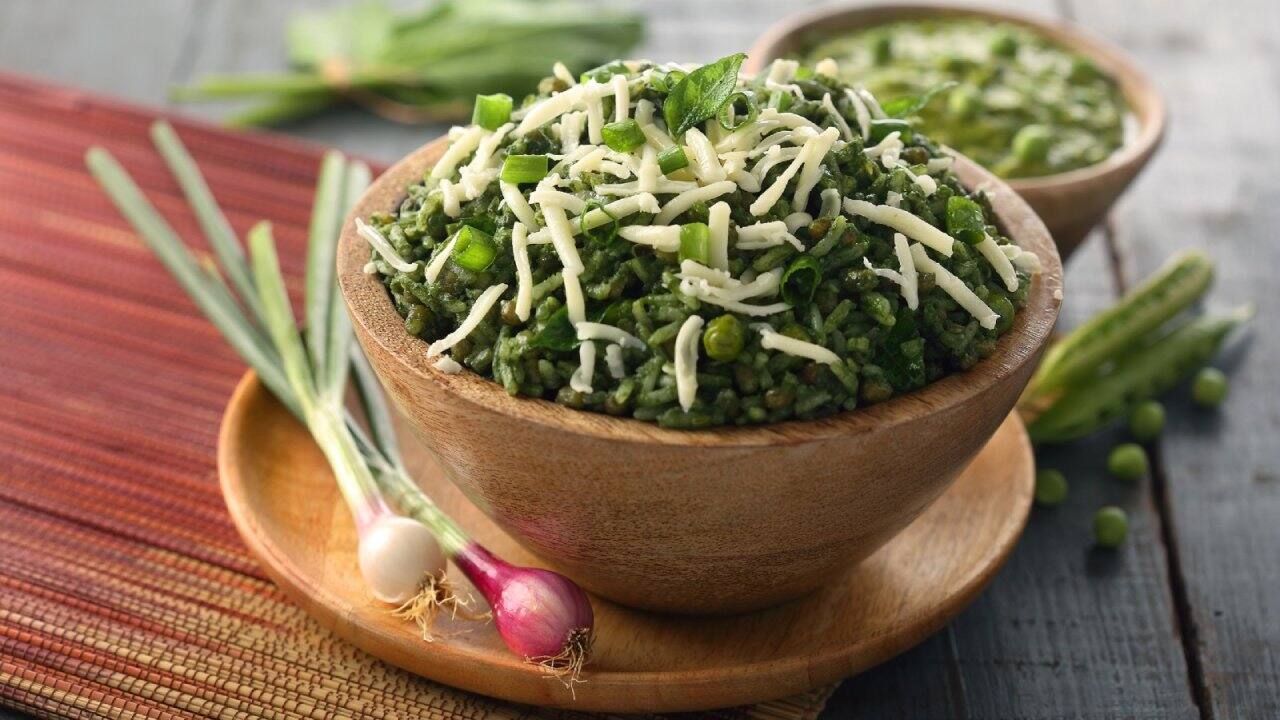 Cheesy Hari Bhari Khichdi, with fresh spinach, veggies, and cheese